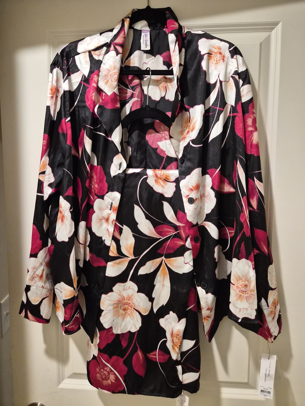 Black Satin Floral Pajama Set with Pink & Cream Blooms